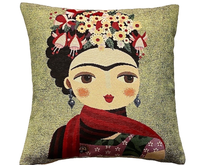 Frida KAHLO Cartoon, French Hand Finished Tapestry Pillow Cushion Cover WIth Zip & Soft Touch Velvet Cotton Reverse, 44cm x 44cm, 17" x 17"