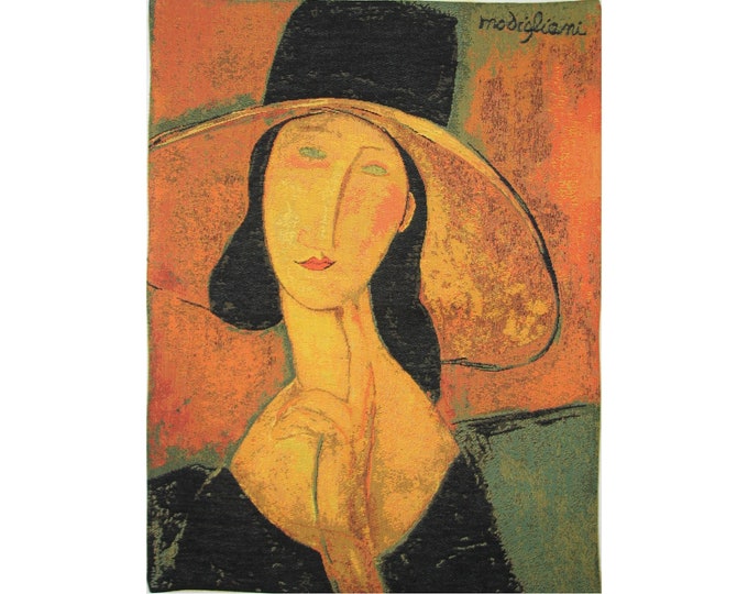 Amedeo MODIGLIANI Jeanne Hebuterne in a Hat, BELGIAN Jacquard WOVEN Hand Finished Tapestry Wall Hanging + Rod Sleeve, 95cm x 70cm, 37" x 28"
