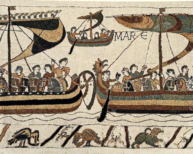 Reproduction of part of BAYEUX tapestry NAVIGIO Mare 57cm x 130cm BELGIAN jacquard woven tapestry wall hanging fully lined + rod sleeve
