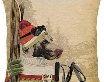Weimaraner Dog Ski-ing Ski , BELGIAN Jacquard WOVEN Hand Finished Tapestry Pillow Cushion Cover, 46cm, 18", soft touch velvet reverse, 1701C
