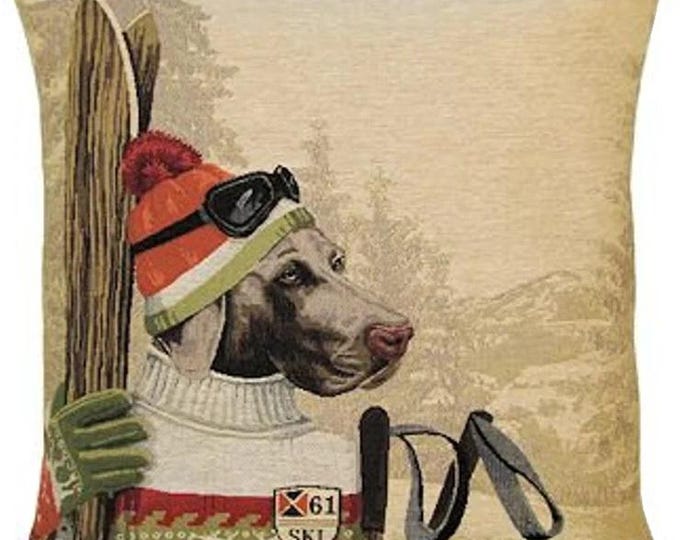 Weimaraner Dog Ski-ing Ski , BELGIAN Jacquard WOVEN Hand Finished Tapestry Pillow Cushion Cover, 46cm, 18", soft touch velvet reverse, 1701C
