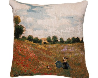 Claude MONET "Coquelicots" Poppy Fields BELGIAN Belgium Jacquard WOVEN Hand Finished Tapestry Pillow Cushion Cover, 33cm x 33cm, 13" X 13"