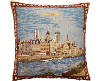Gent Ghent GRASLEI Quay, BELGIAN Belgium Jacquard WOVEN Hand Finished Tapestry Pillow Cushion Cover, 46cm x 46cm 18" x 18"