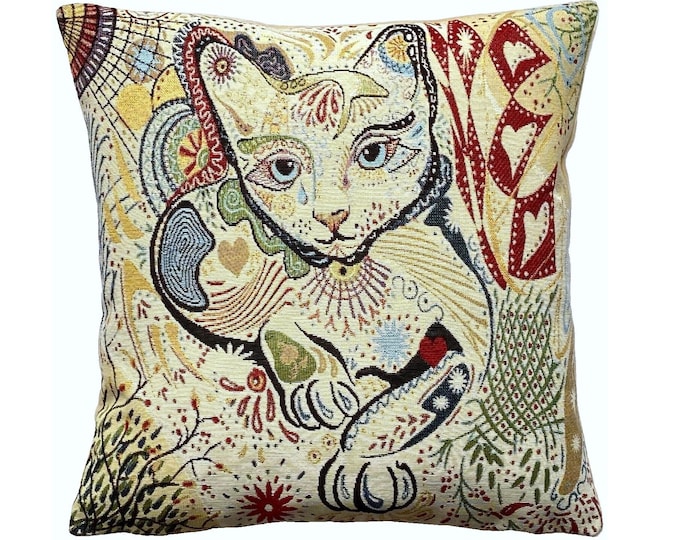 Abstract Cat Animal French Hand Finished 44cm 17" Lightweight Tapestry Pillow Cushion Cover With Zip & Soft Touch Beige Velvet Back