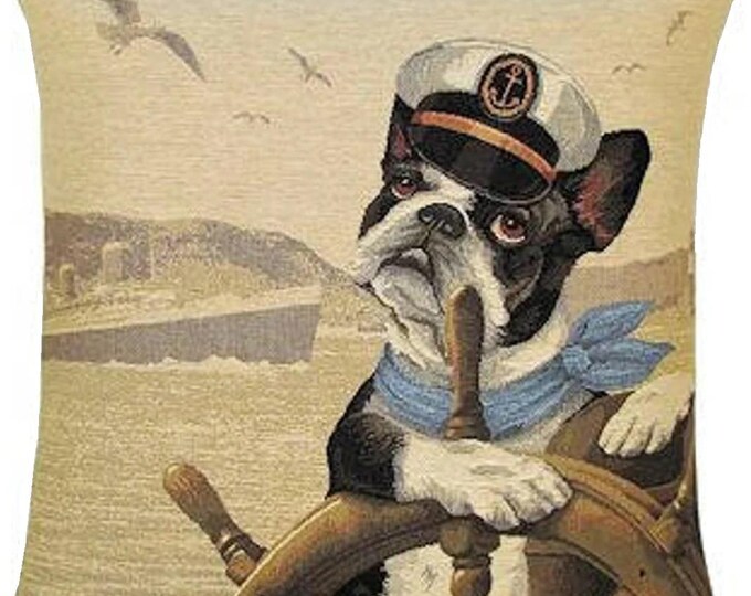 Boston Terrier Dog Sailor , BELGIAN Jacquard WOVEN Hand Finished Tapestry Pillow Cushion Cover, 46cm 18", soft touch velvet cotton reverse