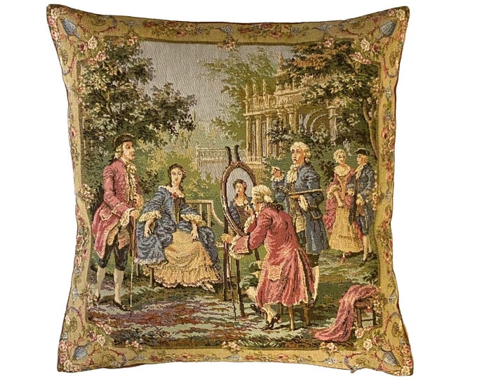 Francois Boucher Jardin RHS Scene Part, BELGIAN Belgium Jacquard WOVEN Hand Finished Tapestry Pillow Cushion Cover, 44cm x 44cm 17" x 17"