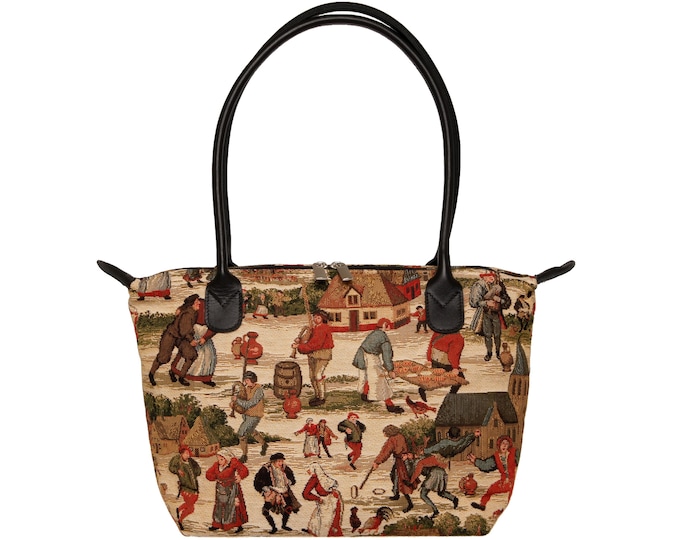 BELGIAN TAPESTRY Malta Style Hand Bag 36cm x 24cm, BRUEGEL Brueghel Scene, Hand finished and fully lined with leather handles & zip closure
