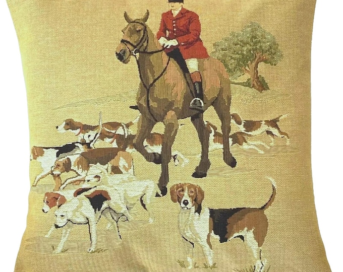 Fox Hunt Horse & Hounds BELGIAN Belgium Jacquard Woven Hand Finished Tapestry Pillow Cushion Cover With Zip, 47cm x 47cm 18" x 18" W75C