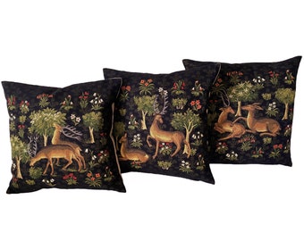 Set of 3 BELGIAN Jacquard WOVEN Hand Finished 45cm x 45cm 18" x 18" Forest Deer With Millefleurs Design Tapestry Cushion Pillow Covers