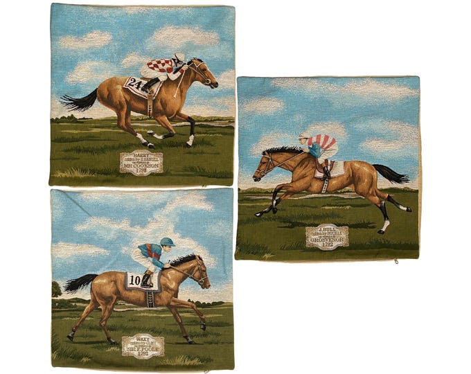 Set of 3 Horse Racing Jockey BELGIAN Belgium Jacquard Woven Hand Finished Tapestry Pillow Cushion Covers With Zip, 46cm x 46cm 18" x 18"
