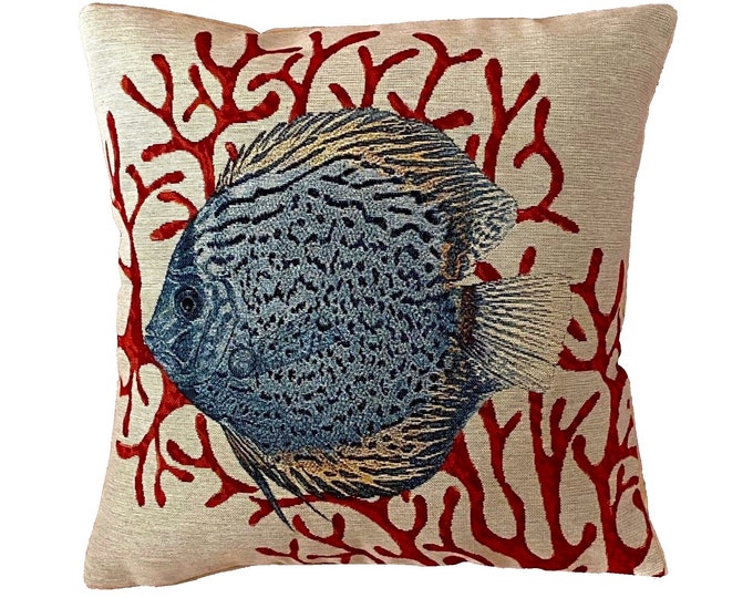Blue Tropical Fish With Coral, French Hand Finished 44cm 17" Lightweight Tapestry Pillow Cushion Cover, Zip, Soft Touch Beige Velvet Back