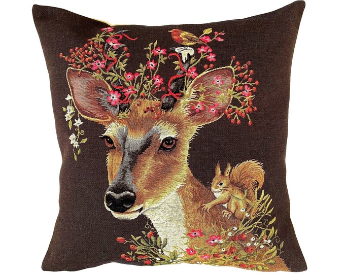 BELGIAN JACQUARD WOVEN Hand Finished Fauve Fine Arts Tapestry Cushion Cover, Stag Deer With Bird & Squirrel, 46cm x 46cm, 18" x 18"