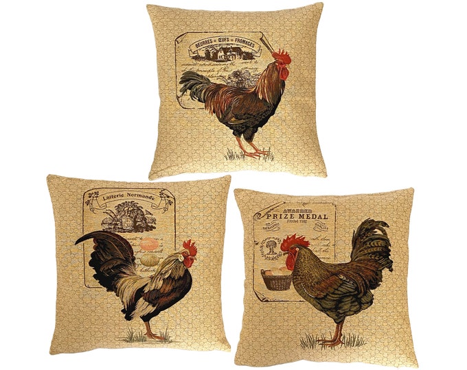 Set of 3 Three BELGIAN Jacquard WOVEN Hand Finished 100% Cotton Tapestry Cushion Pillow Covers. Roosters, Cockerels, Chickens
