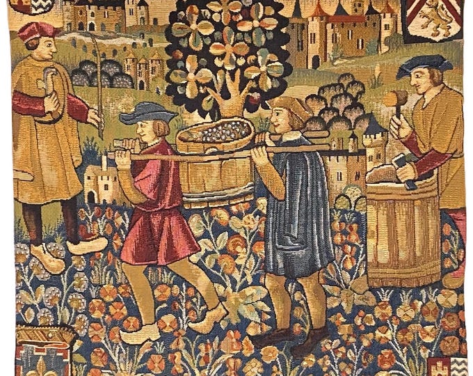 Les Vendanges WINEMAKING Grape Harvesting, BELGIAN Belgium Jacquard WOVEN Hand Finished Tapestry Pillow Cushion Cover 46cm x 46cm 18" x 18"