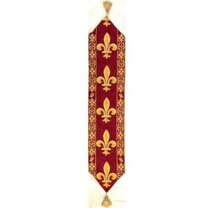 BELGIAN WOVEN Hand Finished Fully Lined Fleur de Lys TAPESTRY Table Runner with Tassels, 9300/77 Gold on Red, 175cm x 33cm