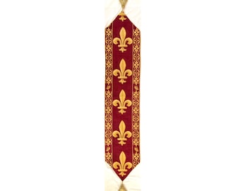 BELGIAN WOVEN Hand Finished Fully Lined Fleur de Lys TAPESTRY Table Runner with Tassels, 9300/77 Gold on Red, 175cm x 33cm