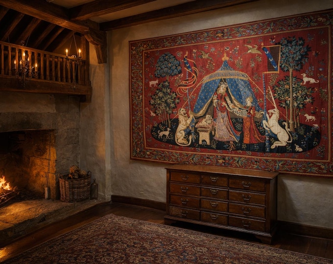 A Mon Seul Desir Cluny Lady & the Unicorn Series 97cm x 137cm BELGIAN woven tapestry wall hanging fully lined with rod sleeve