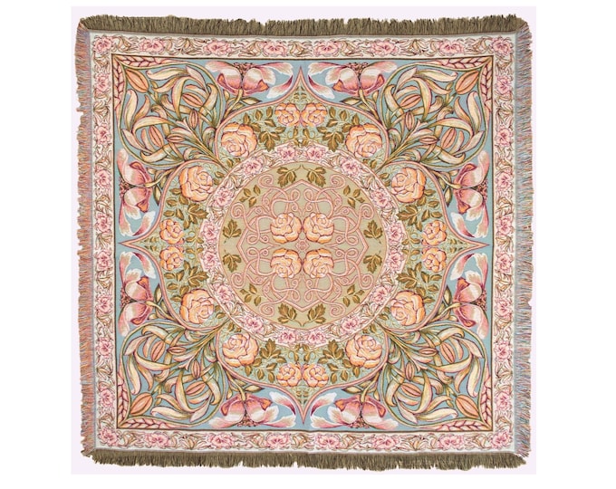 BELGIAN Jacquard Woven 150cm x 150cm Wild Rose TAPESTRY Table Chair Sofa Throw Bed Spread Occasional Cover with Tassels