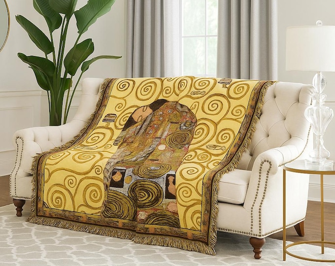 BELGIAN Jacquard Woven 150cm x 150cm Gustav KLIMT Fulfillment Gold TAPESTRY Table Chair Sofa Throw Bed Spread Occasional Cover with Tassels