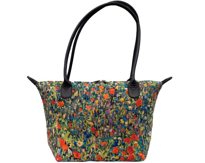 Gustav KLIMT Field of Poppies, BELGIAN TAPESTRY Malta Style Hand Bag 36cm x 24cm Hand finished, fully lined, leather handles, zip closure