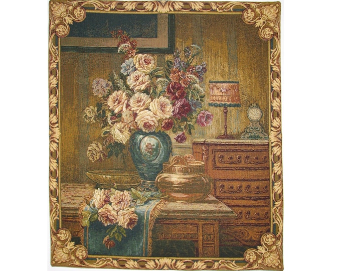 Still Life Vase of Roses BELGIAN Belgium Jacquard WOVEN Hand Finished Tapestry Wall Hanging 30" x 26" / 76cm x 69cm, Lined + Rod Sleeve