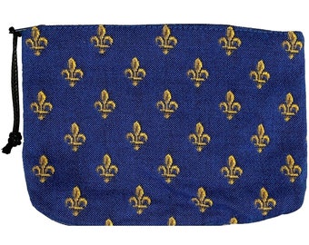 Fleur de Lys Gold on Blue Hand Finished BELGIAN TAPESTRY Trousse Purse Pouch Toiletry Cosmetic Bag 20CM X 15CM, with zip