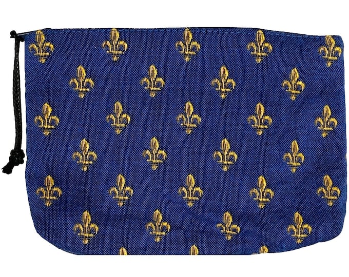Fleur de Lys Gold on Blue Hand Finished BELGIAN TAPESTRY Trousse Purse Pouch Toiletry Cosmetic Bag 20CM X 15CM, with zip
