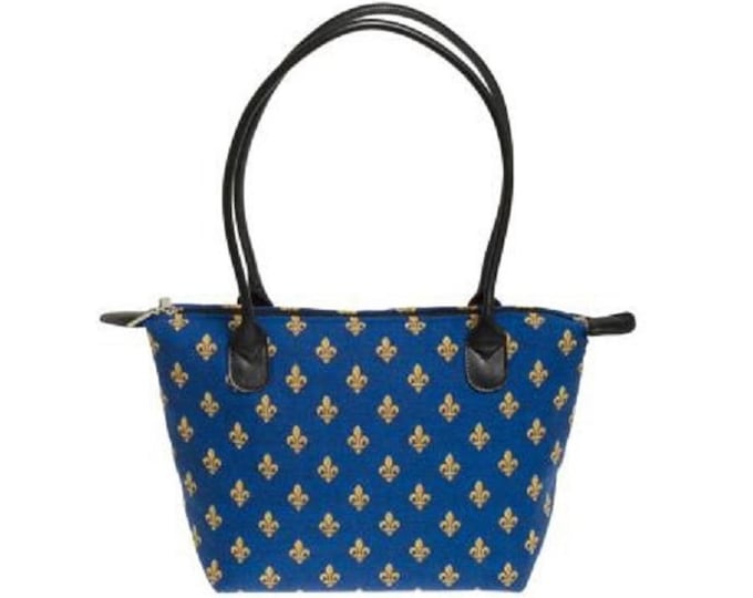 BELGIAN TAPESTRY Malta Style Hand Bag 36cm x 24cm, Gold Fleur de Lys on Blue, Hand finished, fully lined with leather handles & zip closure