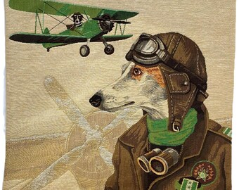 Green Vintage Aviator Dog Racers BELGIAN Jacquard WOVEN Hand Finished Tapestry Pillow Cushion Cover with Beige Velvet Reverse 46cm 18" 1649C