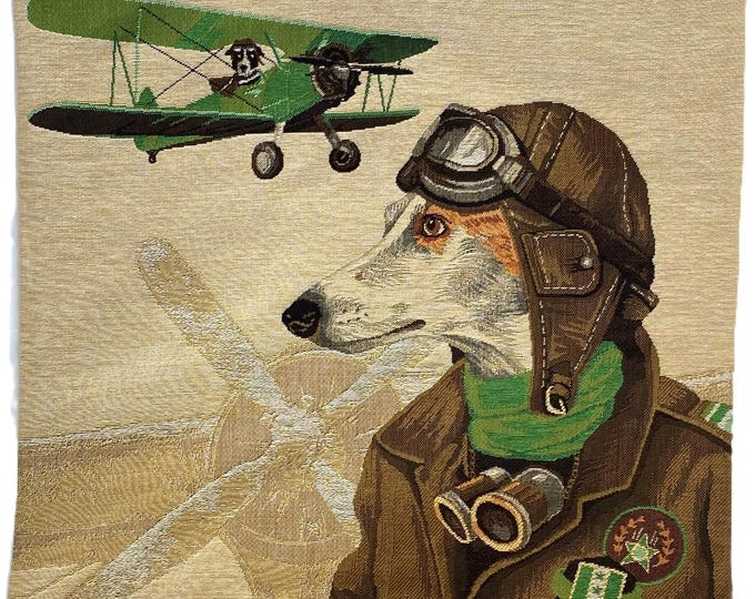 Green Vintage Aviator Dog Racers BELGIAN Jacquard WOVEN Hand Finished Tapestry Pillow Cushion Cover with Beige Velvet Reverse 46cm 18" 1649C