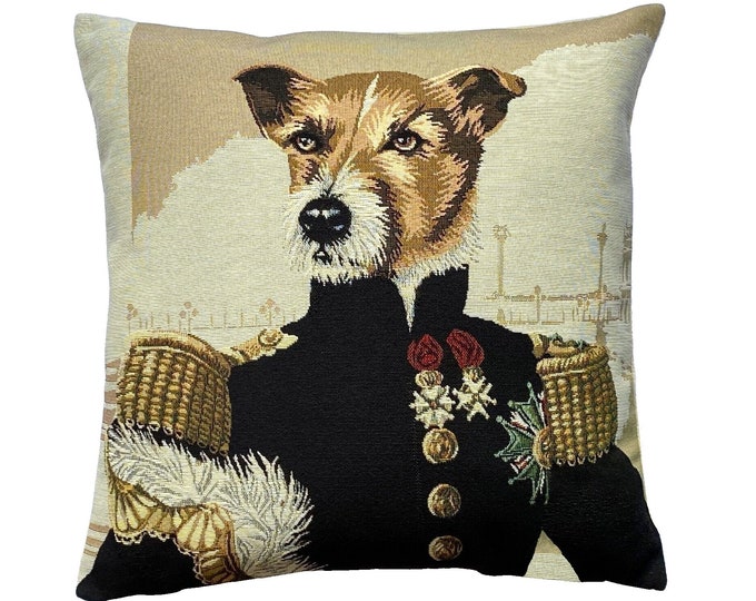 Waterloo Military Terrier, French Hand Finished Tapestry Pillow Cushion Cover, Zip, Soft Touch Velvet Cotton Reverse, 44cm x 44cm, 17" x 17"