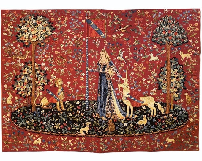 Cluny Lady & the Unicorn The Touch BELGIAN Belgium jacquard woven tapestry wall hanging 55.2" x 39.5" / 140cm x 100cm, lined with rod sleeve