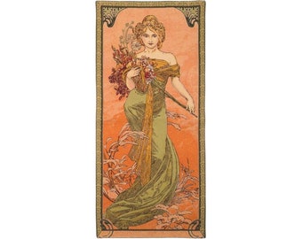 Alphonse MUCHA Seasons Printemps Spring, Hand Finished BELGIAN Tapestry Wall Hanging, fully lined with rod sleeve, 18" x 40", 46cm x 102cm