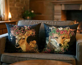 Set of 2 BELGIAN JACQUARD WOVEN Hand Finished Forest Animals Tapestry Cushion Covers - Fox With Stoat Bird - Deer With Hedgehog Bird, 46cm