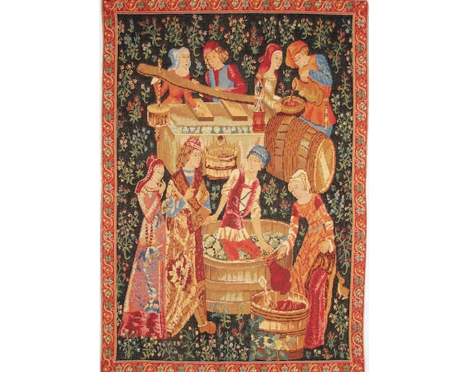 Vendange Medievale / Medieval Vintage Grape Pressing BELGIAN jacquard woven tapestry wall hanging 26" X 18" 65cm X 46cm, lined + rod sleeve
