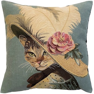 Belle Epoque Cat A、ベルギー製 ジャカード織り 手仕上げ タペストリー 枕 クッションカバー 46 cm x 46 cm 18" x 18"、裏地は黒ベルベット