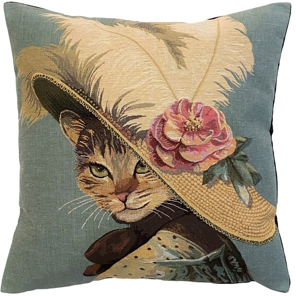 Belle Epoque Cat A, BELGIAN Belgium Jacquard WOVEN Hand Finished Tapestry Pillow Cushion Cover 46cm x 46cm 18" x 18" cream/beige velvet back