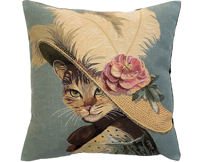 Belle Epoque Cat A, BELGIAN Belgium Jacquard WOVEN Hand Finished Tapestry Pillow Cushion Cover 46cm x 46cm 18" x 18" cream/beige velvet back