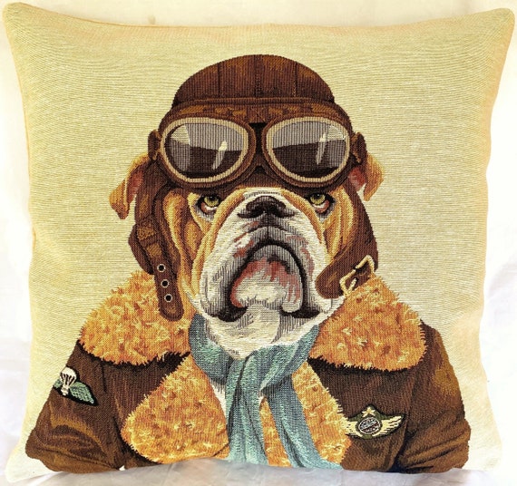 Aviator Anthropomorphic Pilot Bulldog Dog Flier BELGIAN Jacquard WOVEN Hand Finished Tapestry Pillow Cushion Cover 46cm X 46cm 18 X 18 Etsy