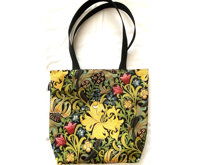 BELGIAN Tapestry Woven Hand Finished Large Tote Shoulder Bag Handbag, WM William Morris Golden Lily, 46cm x 46cm 18" x 18" Excluding Handles