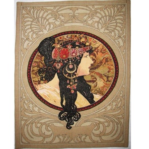 Alphonse MUCHA Bizantyjska Brunetka, ręcznie wykończony BELGIJSKI gobelin ścienny, w całości podszyty pokrowcem na drążek, 58 cm x 45 cm, 23" x 18"