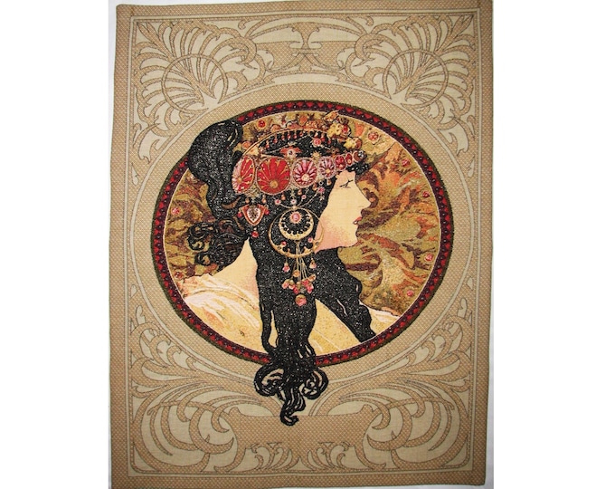 Alphonse MUCHA Byzantine Brunette, Hand Finished BELGIAN Tapestry Wall Hanging, fully lined with rod sleeve, 93cm x 70cm, 36.5" x 27.5"