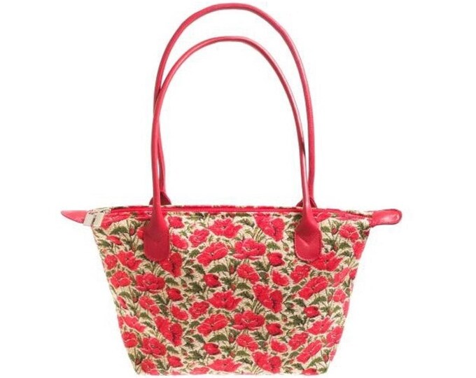 BELGIAN TAPESTRY Malta Style Hand Bag 36cm x 24cm, Poppies, Hand finished and fully lined with leather handles & zip closure