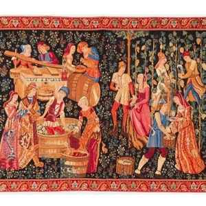 Vendange Medievale / 中世のヴィンテージワイン製造 ベルギー製ジャカード織りタペストリー 壁掛け 57" x 38" 145 cm x 97 cm、ロッドスリーブ付き