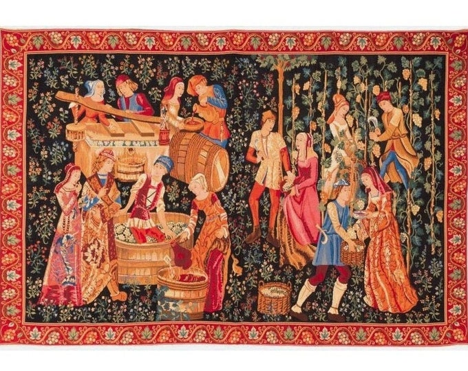 Vendange Medievale / Medieval Vintage Wine Making BELGIAN jacquard woven tapestry wall hanging 42" x 28" 107cm x 71cm lined with rod sleeve