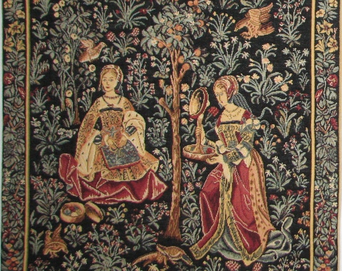 Medieval Embroidery Scene from Gallanteries BELGIAN Belgium Jacquard WOVEN Hand Finished Tapestry Pillow Cushion Cover 35cm, 14", with zip