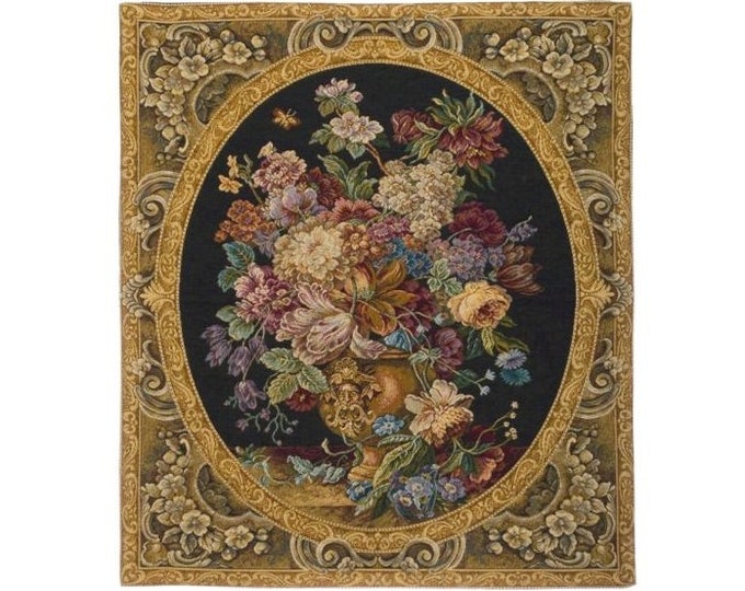 Still Life Frame of Flowers in Vase BELGIAN Jacquard WOVEN Hand Finished Lined + Rod Sleeve Tapestry Wall Hanging 28.75" x 25.5" 73cm x 65cm