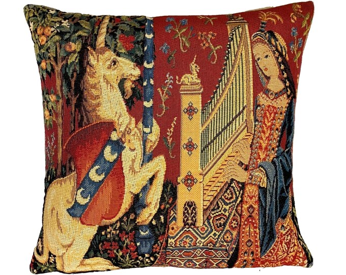 Cluny Lady & the Unicorn The HEARING, BELGIAN Belgium Jacquard WOVEN Hand Finished Tapestry Pillow Cushion Cover, 35cm, 14" With Zip