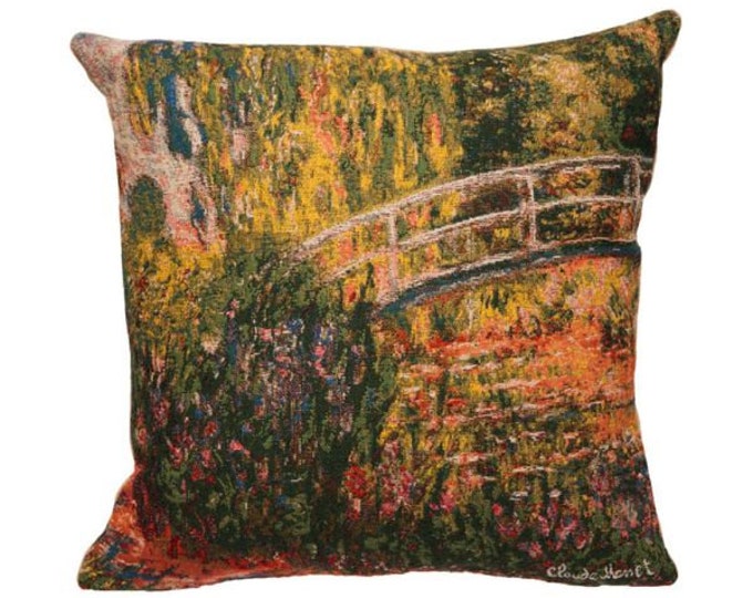 Claude MONET Pont Giverny Japanese Bridge, BELGIAN Belgium Jacquard WOVEN Hand Finished Tapestry Pillow Cushion Cover, 33cm x 33cm 13" X 13"
