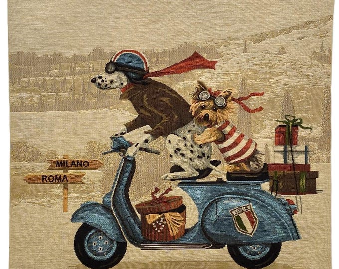 Blue Scooter Lambretta Dog Racers, BELGIAN Jacquard WOVEN Hand Finished Tapestry Pillow Cushion Cover, Beige Velvet Reverse 46cm, 18", 1649B